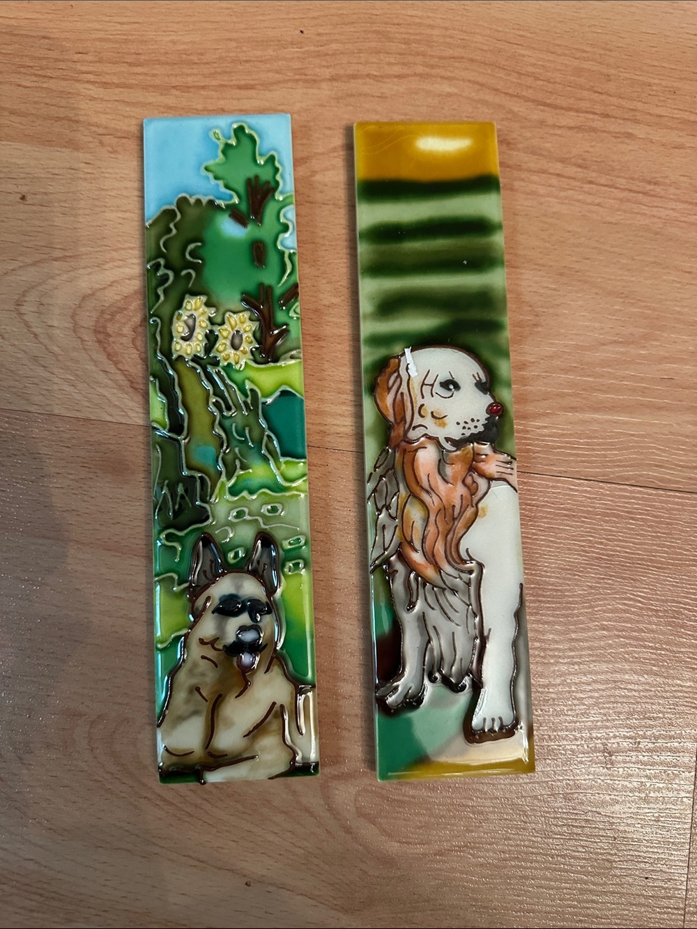 Handpainted Ceramic Dog Tile Pair in Green and Blue